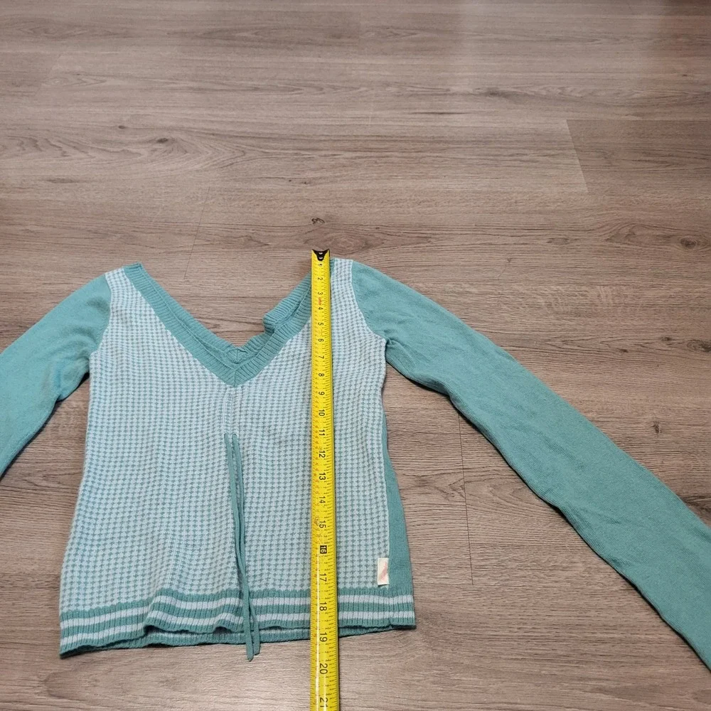 Hollister Y2K Teal Houndstooth V-Neck Tie Front Long Sleeve Sweater Small NWT